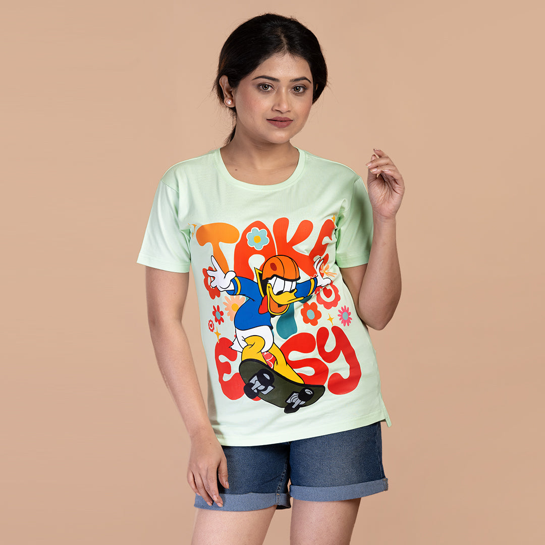STYLOOO Women's Mint Green Donald Duck "Take Easy" Graphic T-Shirt - Skateboard Tee