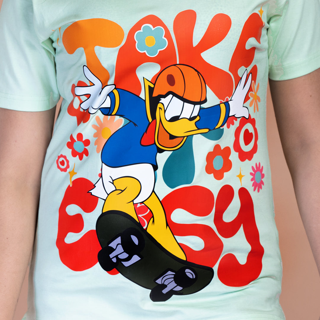 STYLOOO Women's Mint Green Donald Duck "Take Easy" Graphic T-Shirt - Skateboard Tee