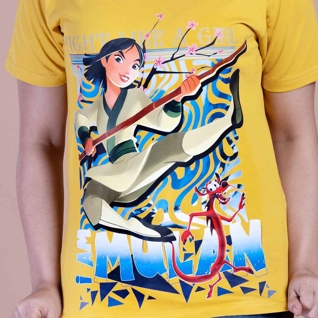 STYLOOO Women's Yellow Mulan & Mushu Graphic T-Shirt - Disney Warrior Princess Tee