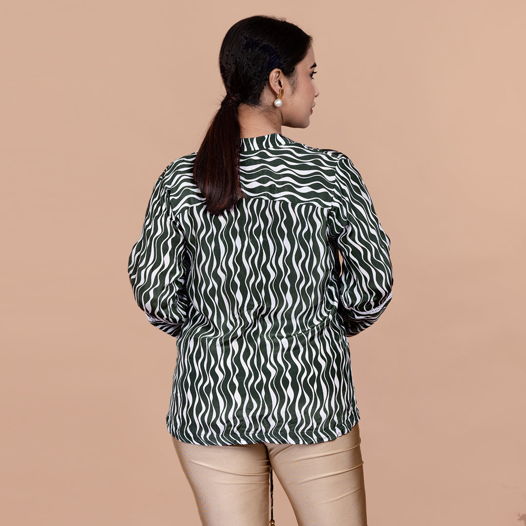 STYLOOO Green & White Wavy Print Drawstring Top - Women's Long Sleeve Mandarin Collar Top