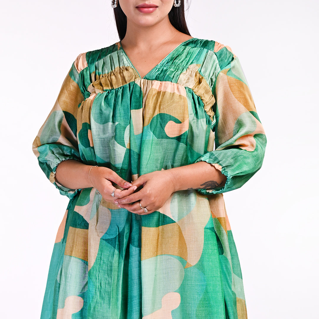 STYLOOO Abstract Print V-Neck Midi Dress - Stylish & Comfortable Everyday Frock