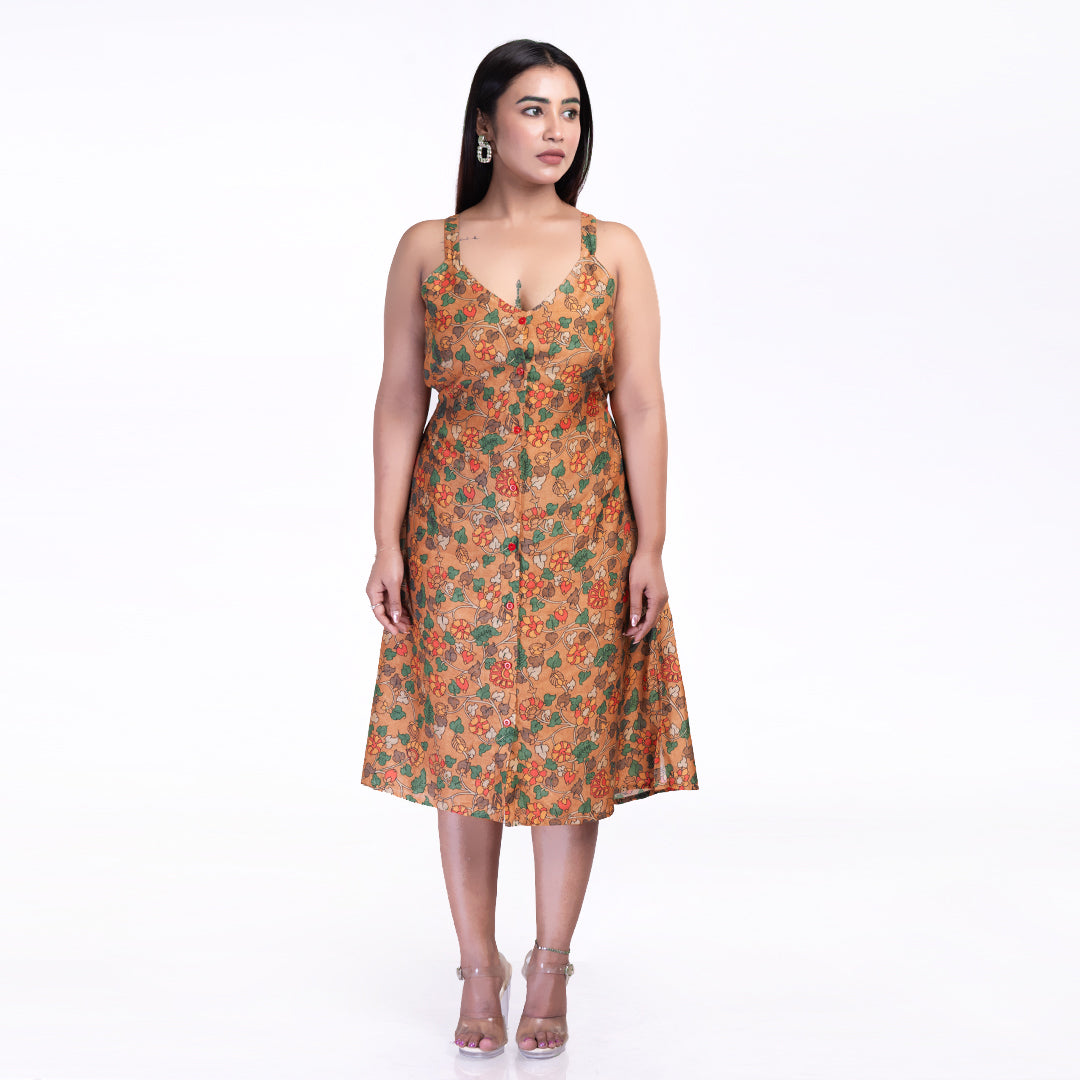 Floral Printed Sleeveless Midi Dress for Women – Casual Summer A-Line Button-Down Dress
