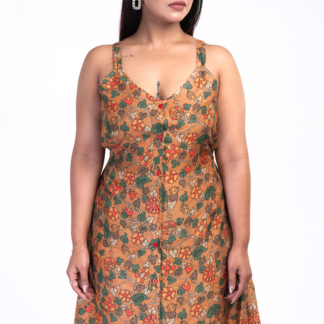 Floral Printed Sleeveless Midi Dress for Women – Casual Summer A-Line Button-Down Dress
