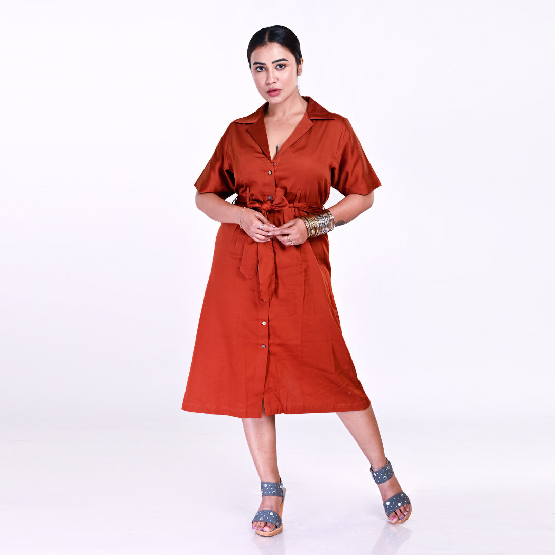 STYLOOO Women's Rust Brown Terracotta Daydream Collared Midi Shirt Dress - Elegant Full Sleeve Button-Down Frock