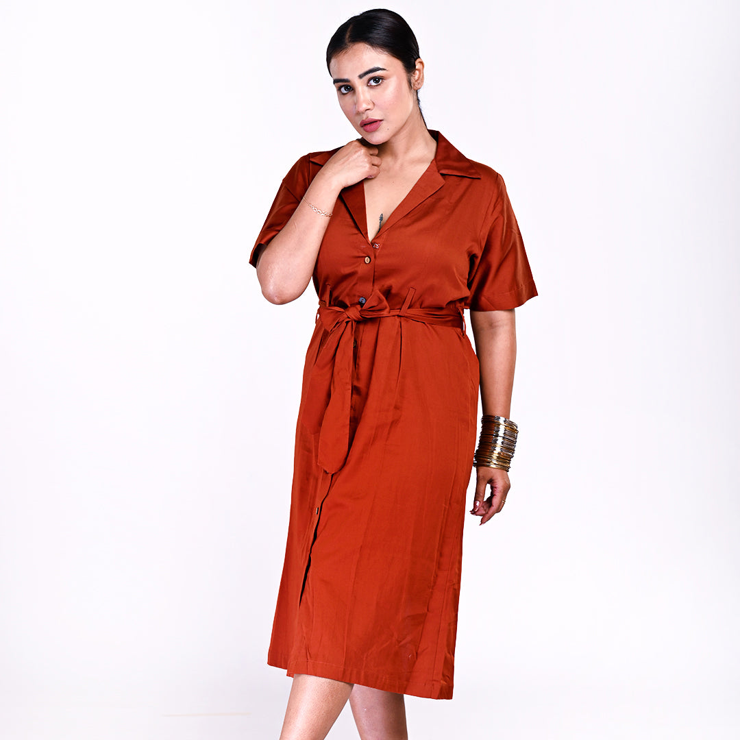 STYLOOO Women's Rust Brown Terracotta Daydream Collared Midi Shirt Dress - Elegant Full Sleeve Button-Down Frock