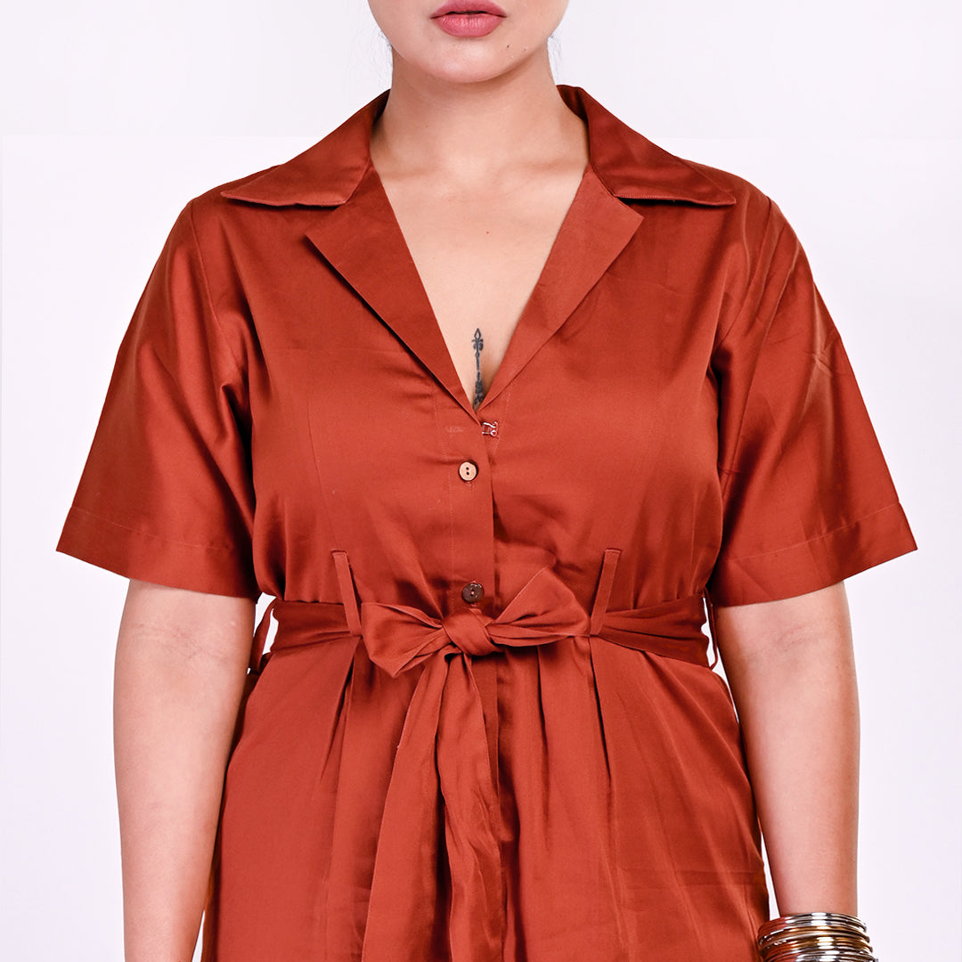 STYLOOO Women's Rust Brown Terracotta Daydream Collared Midi Shirt Dress - Elegant Full Sleeve Button-Down Frock