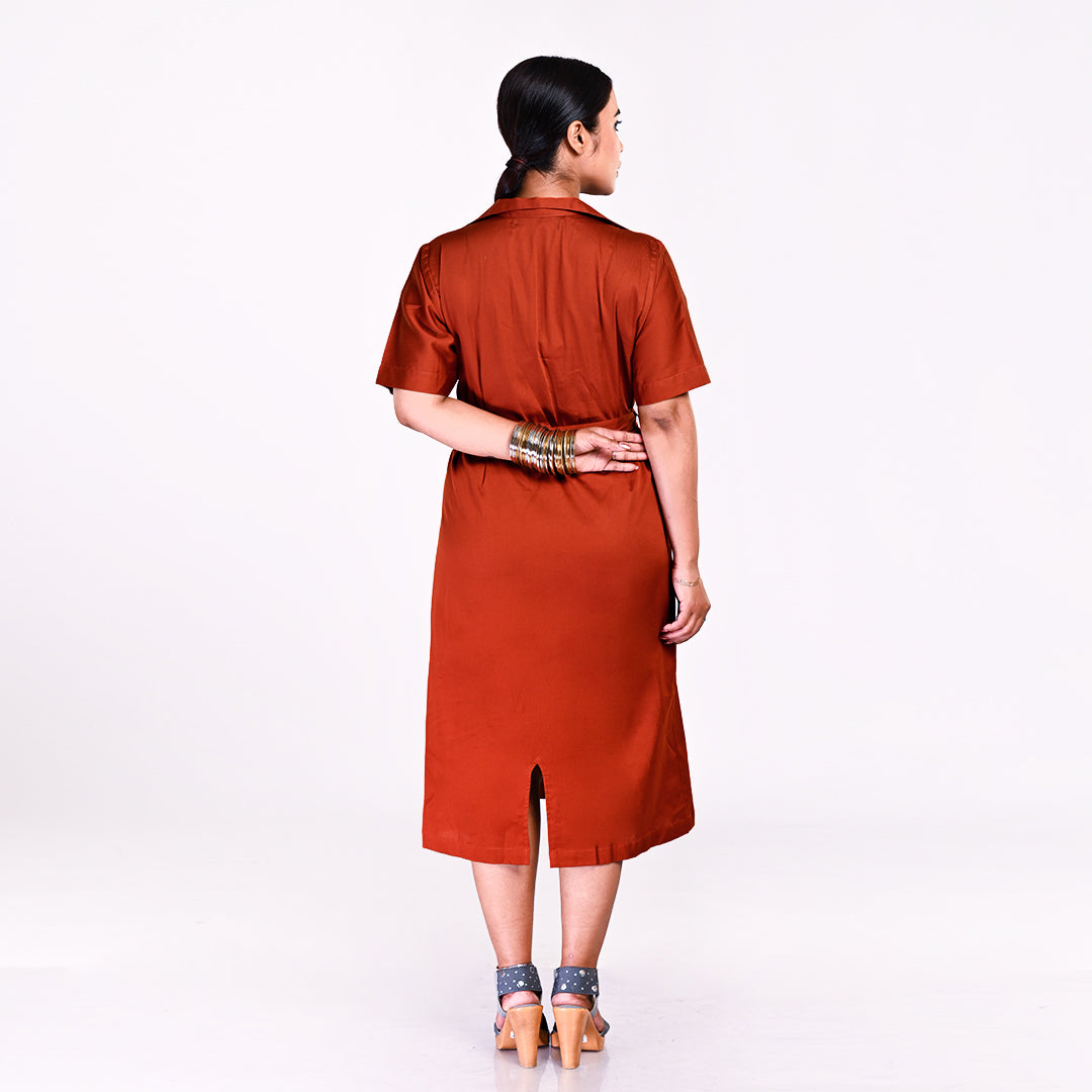 STYLOOO Women's Rust Brown Terracotta Daydream Collared Midi Shirt Dress - Elegant Full Sleeve Button-Down Frock