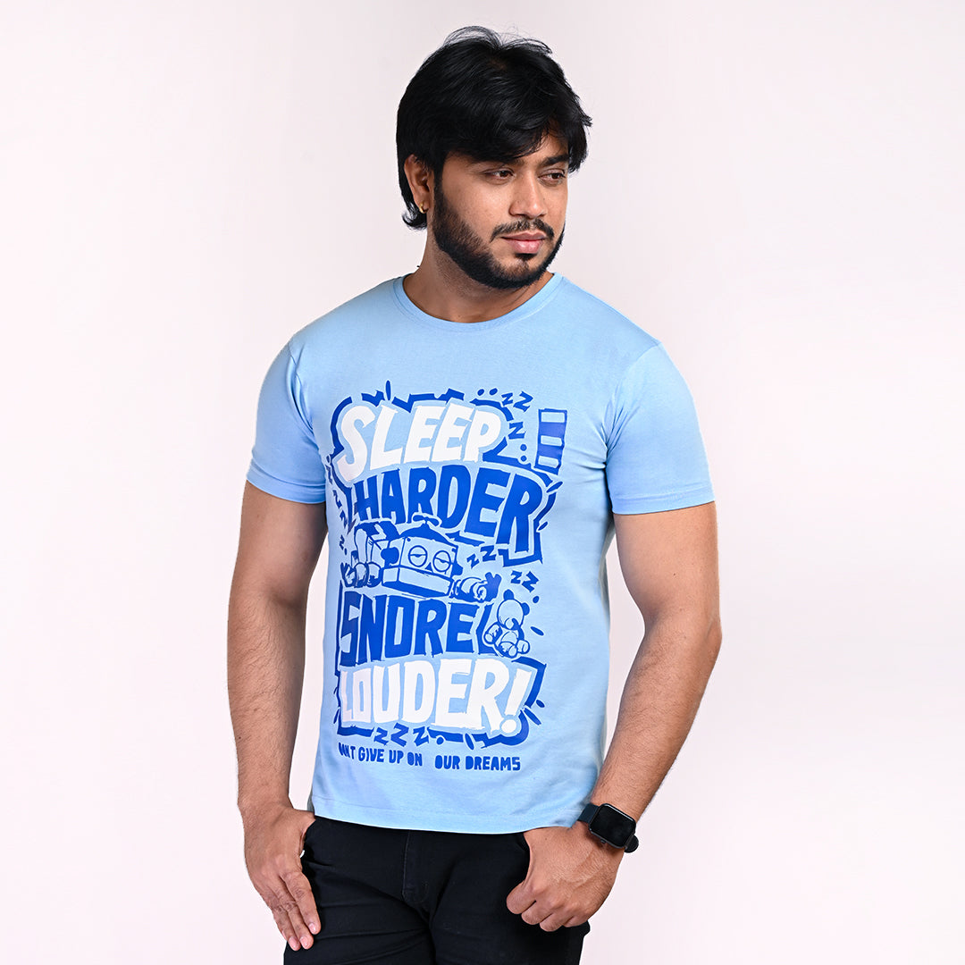 STYLOOO Men's Light Blue "Sleep Harder Snore Louder" Graphic T-Shirt - Funny Quote Tee