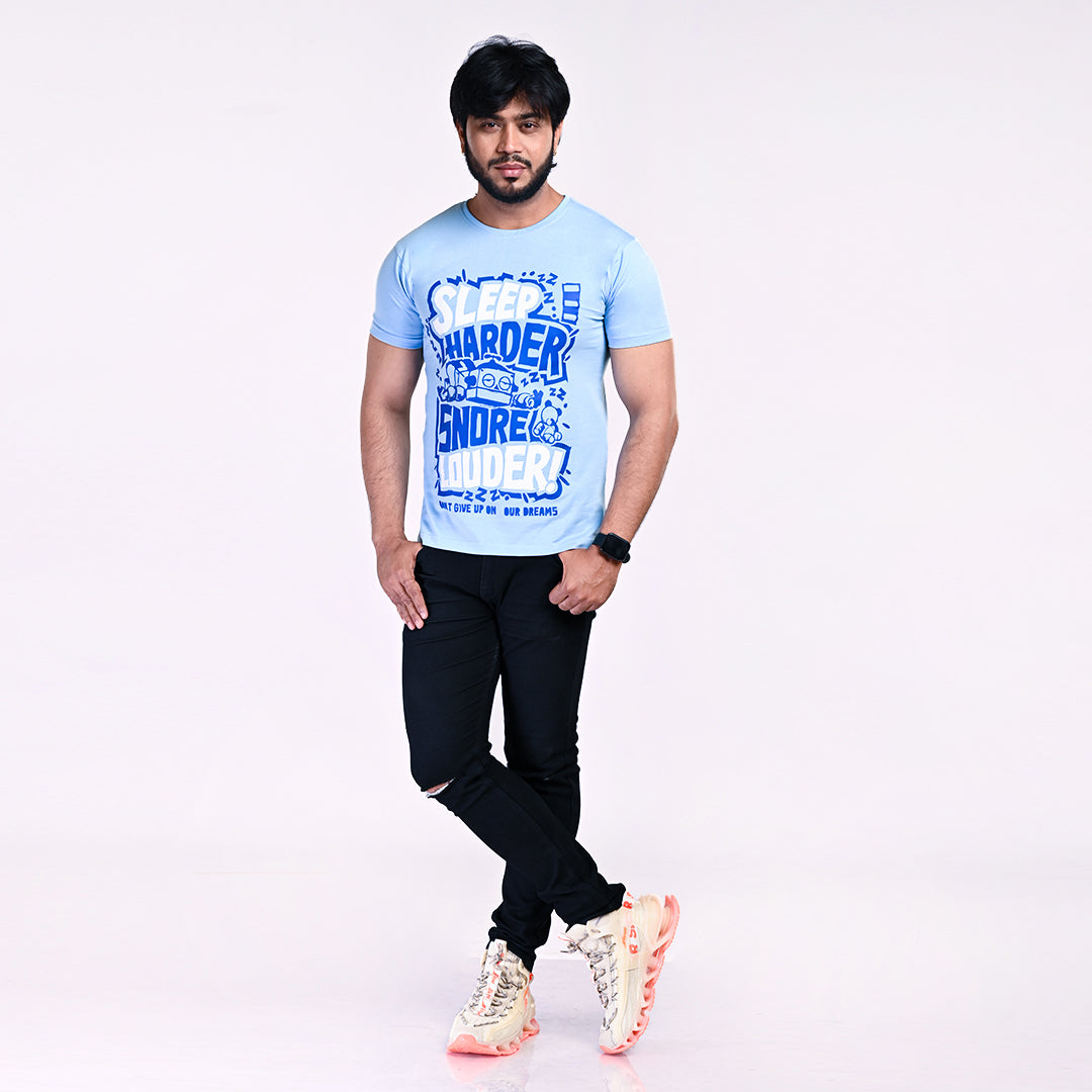 STYLOOO Men's Light Blue "Sleep Harder Snore Louder" Graphic T-Shirt - Funny Quote Tee