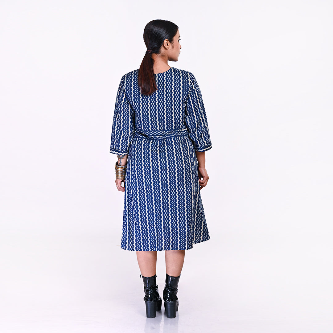STYLOOO Ikat Inspired Blue Wave Print Dress - Contemporary Indian Pattern Midi