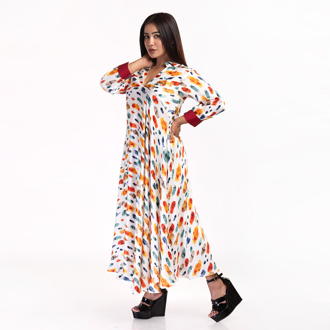 Multicolor Brushstroke Print Flared Maxi Dress for Women – V-Neck Collar Dress with 3/4th Sleeves
