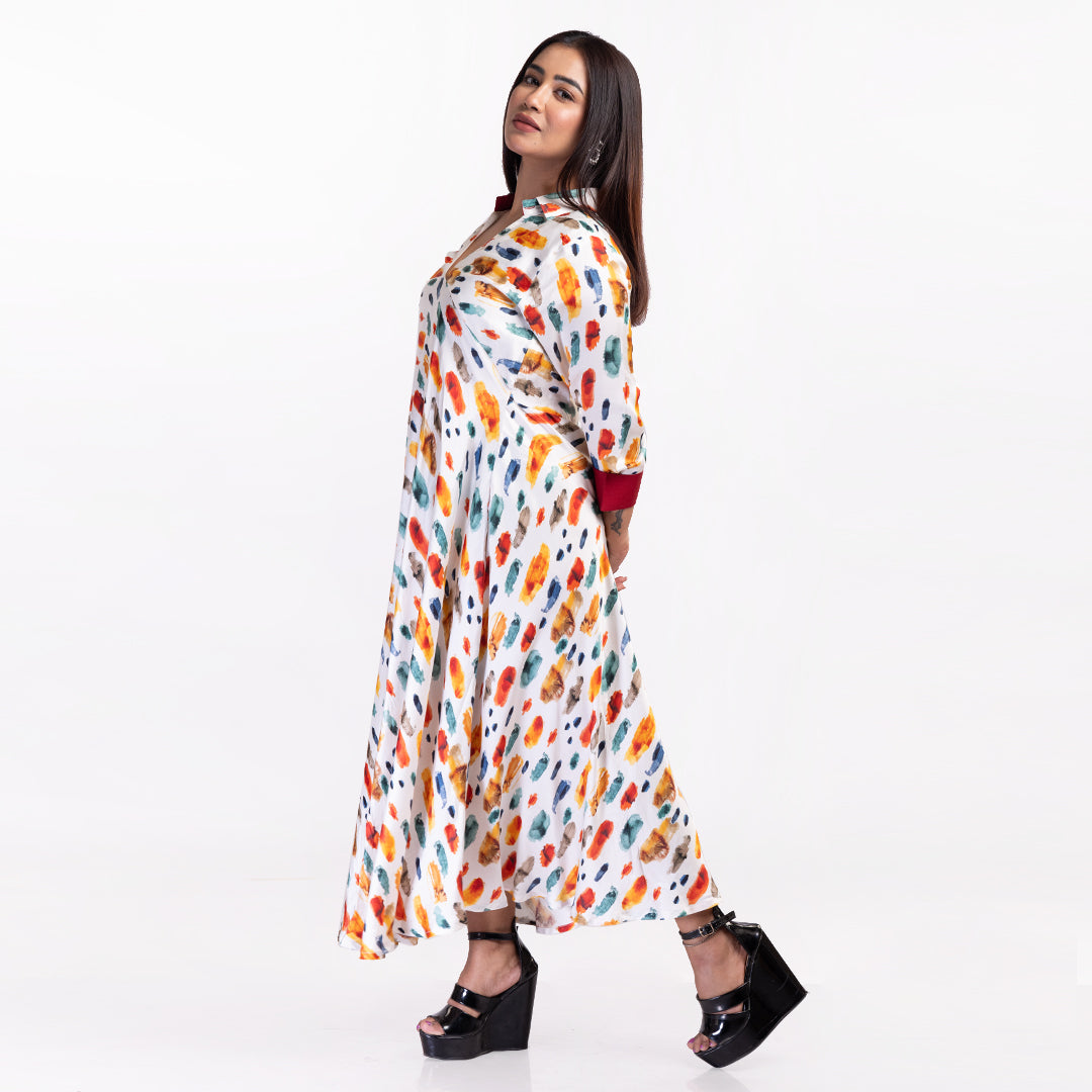 Multicolor Brushstroke Print Flared Maxi Dress for Women – V-Neck Collar Dress with 3/4th Sleeves