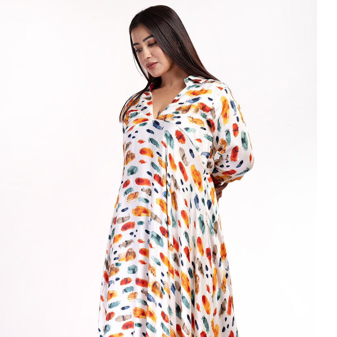 Multicolor Brushstroke Print Flared Maxi Dress for Women – V-Neck Collar Dress with 3/4th Sleeves