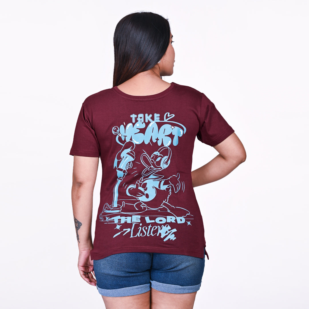 STYLOOO Women's Maroon Donald Duck Graphic T-Shirt - Casual Disney Tee