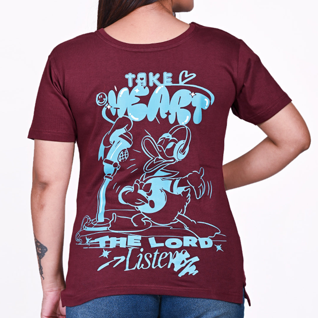 STYLOOO Women's Maroon Donald Duck Graphic T-Shirt - Casual Disney Tee