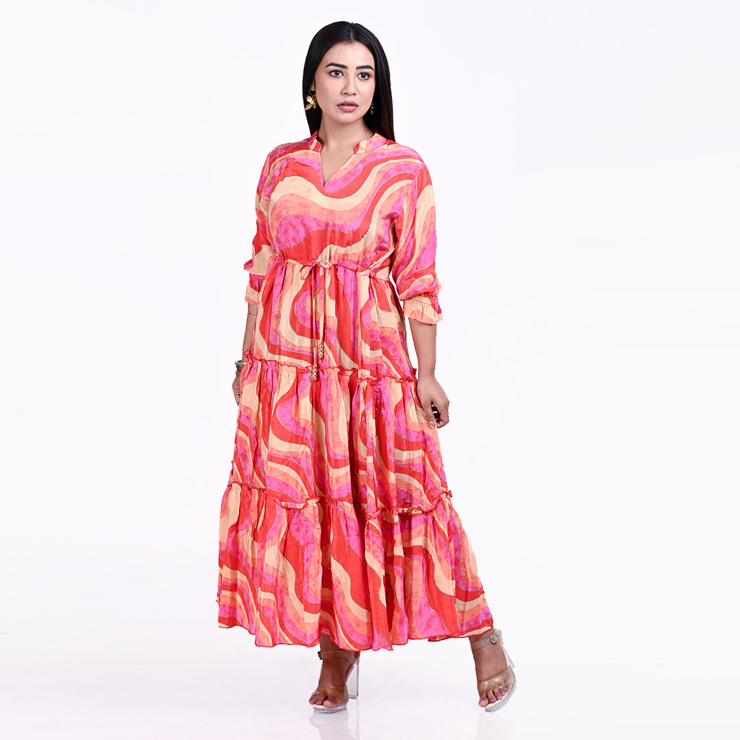 STYLOOO Trendy Pink Orange Maxi Dress - Abstract Print Tiered Summer Dress