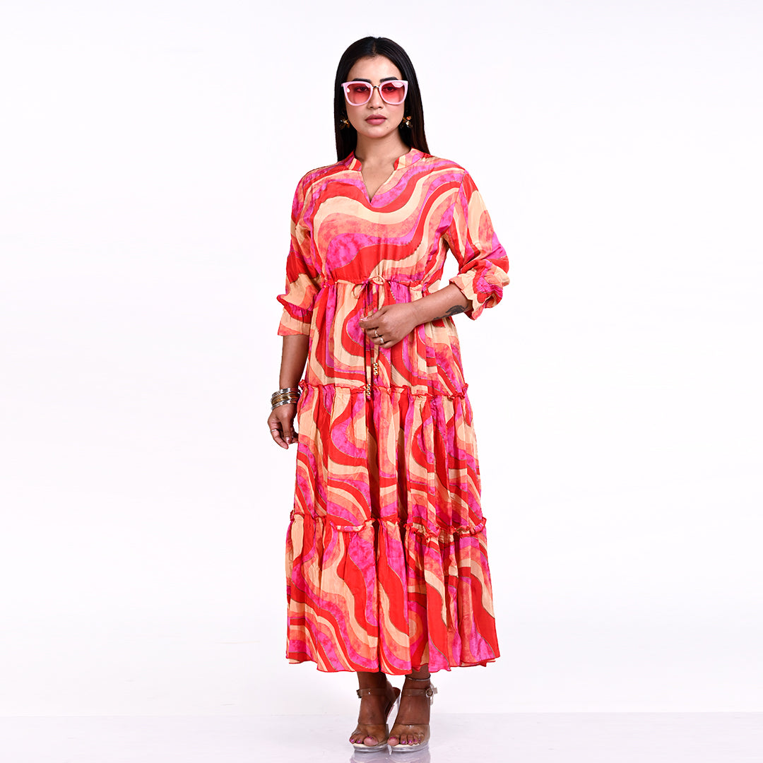 STYLOOO Trendy Pink Orange Maxi Dress - Abstract Print Tiered Summer Dress