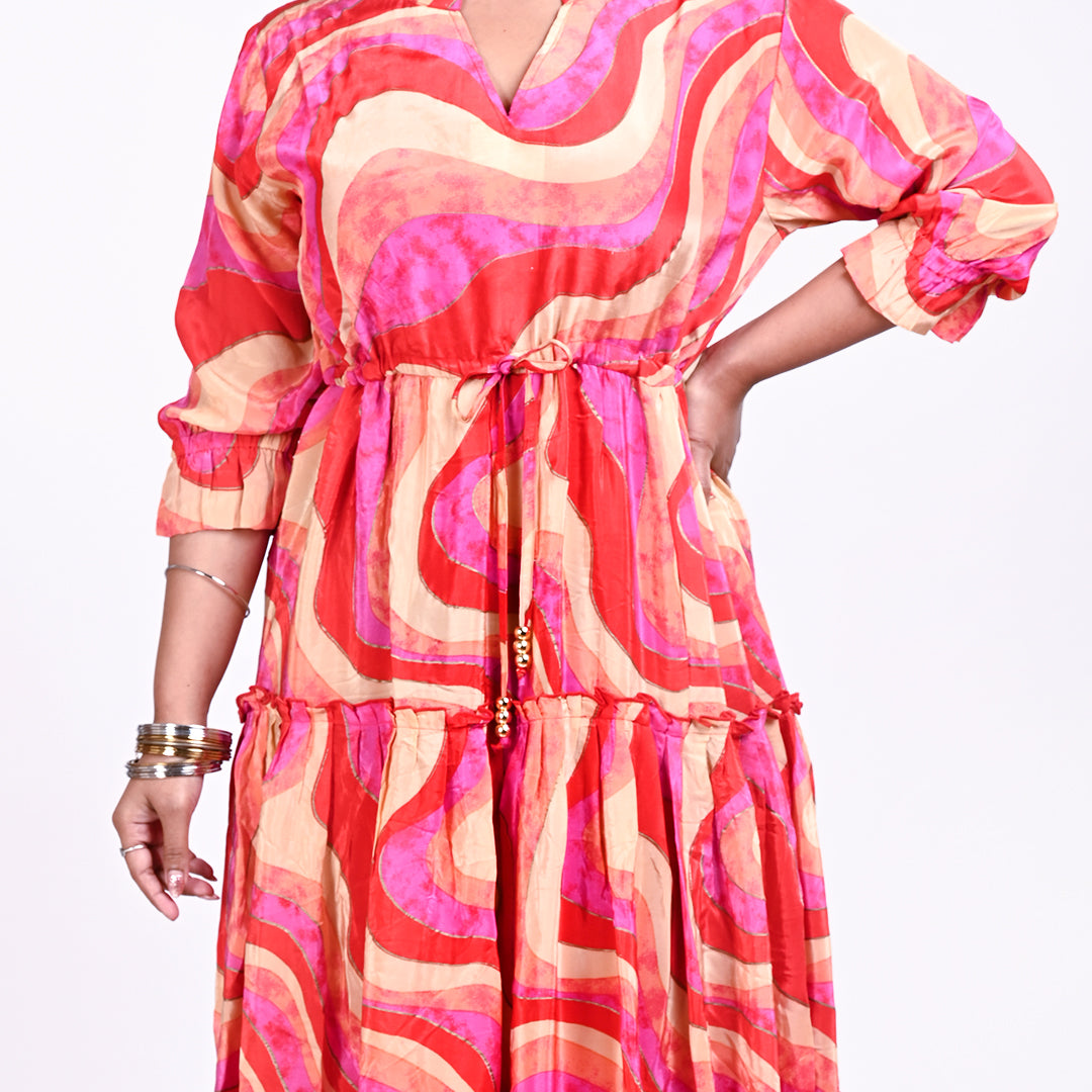 STYLOOO Trendy Pink Orange Maxi Dress - Abstract Print Tiered Summer Dress