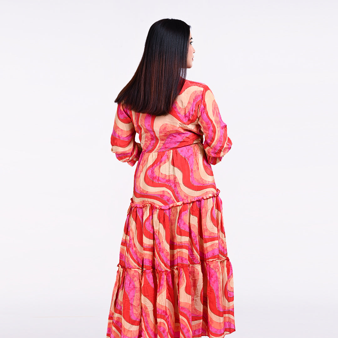 STYLOOO Trendy Pink Orange Maxi Dress - Abstract Print Tiered Summer Dress