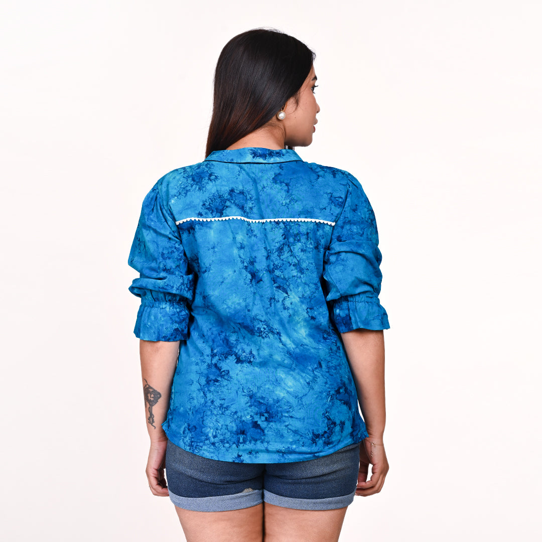 STYLOOO Blue Tie-Dye Print Shirt - Women's Casual V-Neck Shirt with Ruffle Trim