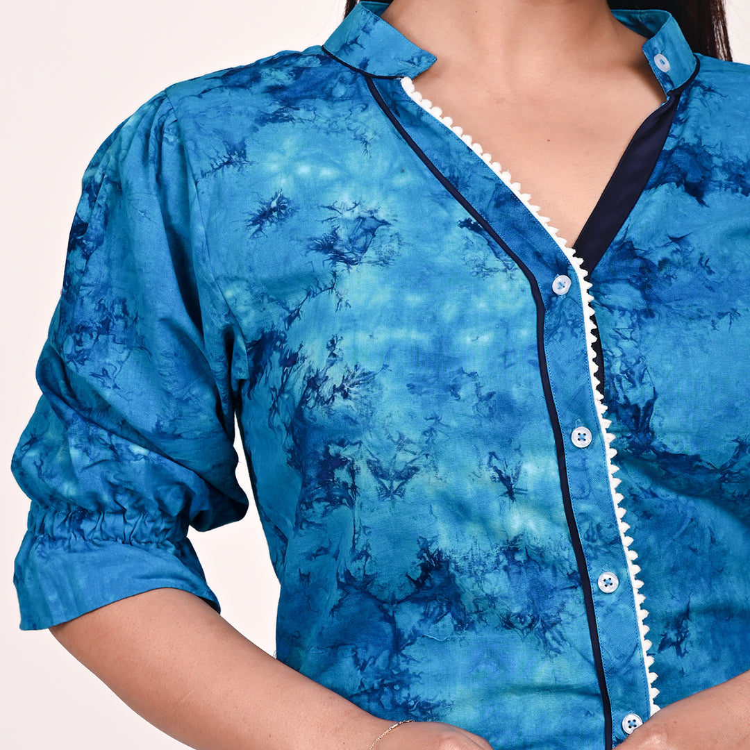 STYLOOO Blue Tie-Dye Print Shirt - Women's Casual V-Neck Shirt with Ruffle Trim