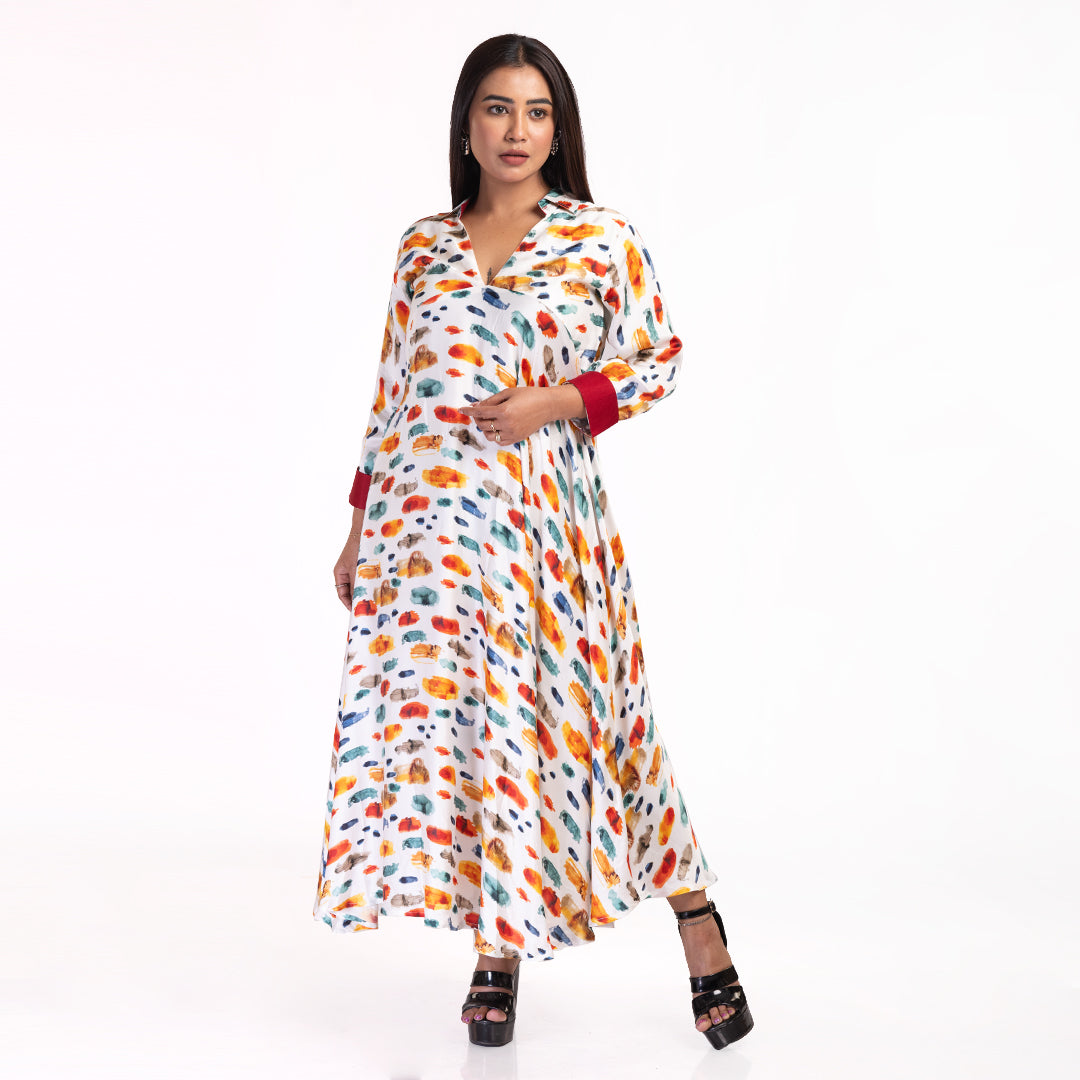 Multicolor Brushstroke Print Flared Maxi Dress for Women – V-Neck Collar Dress with 3/4th Sleeves
