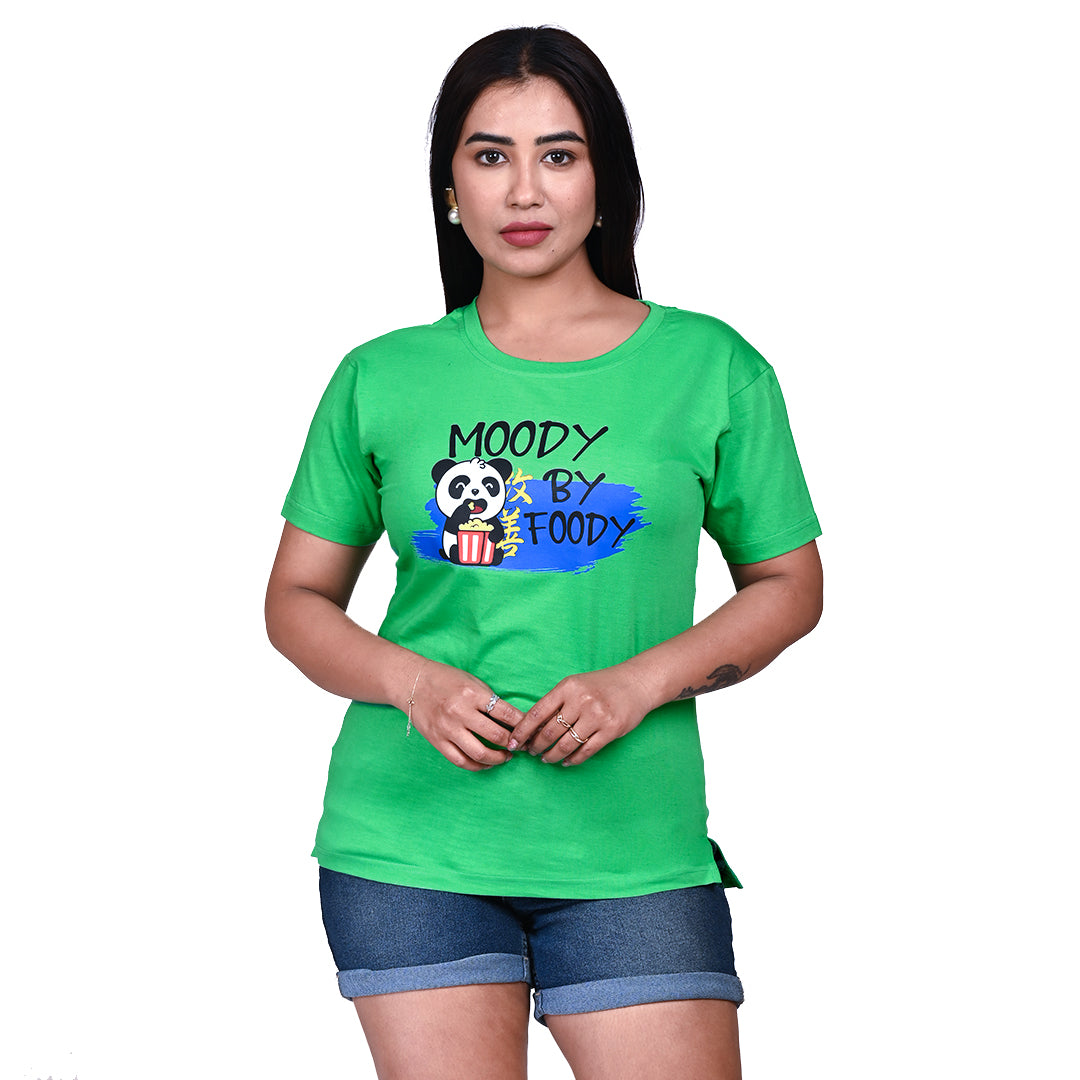 STYLOOO Women's Green Panda "Moody By Foody" Graphic T-Shirt - Funny Cartoon Tee