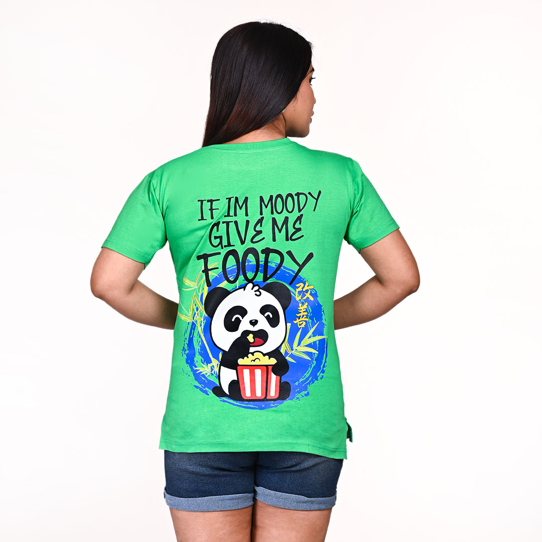 STYLOOO Women's Green Panda "Moody By Foody" Graphic T-Shirt - Funny Cartoon Tee