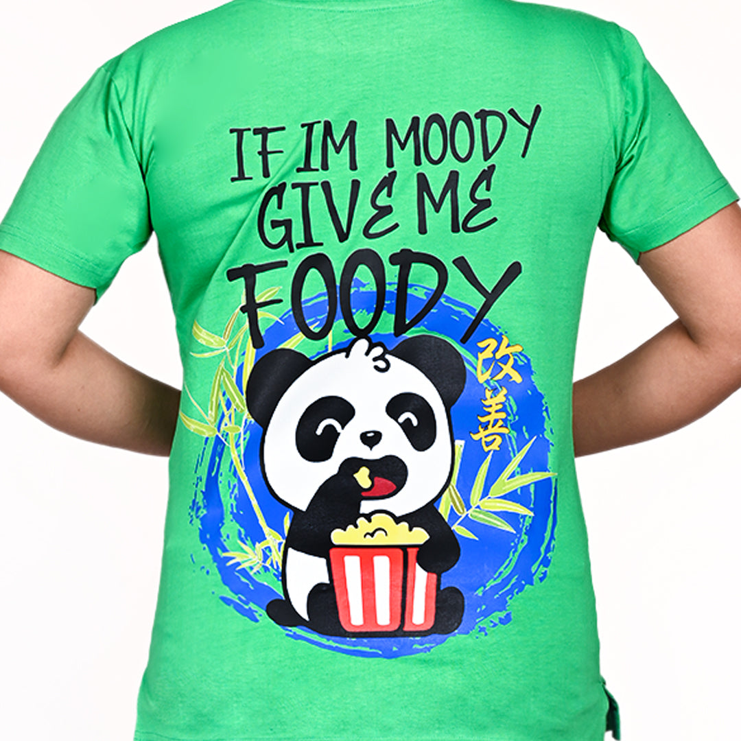 STYLOOO Women's Green Panda "Moody By Foody" Graphic T-Shirt - Funny Cartoon Tee