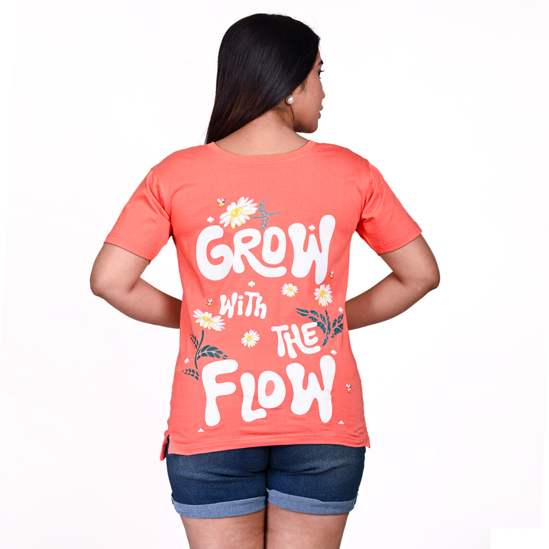STYLOOO Women's Peach "GROW" Graphic T-Shirt - Inspirational Floral Tee