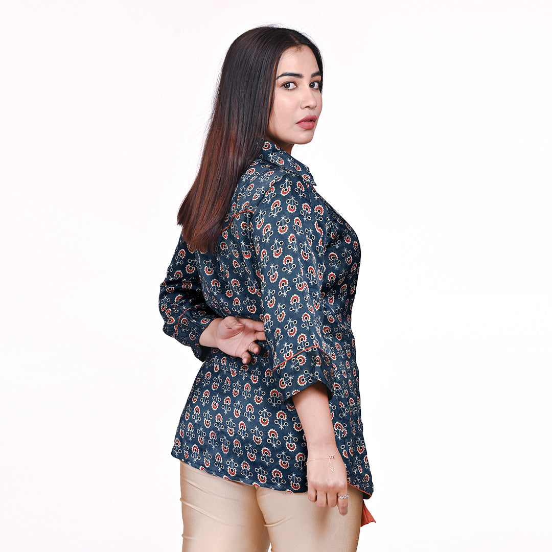 STYLOOO Navy Ethnic Print Wrap Top - Women's Tie-Side Tassel Top