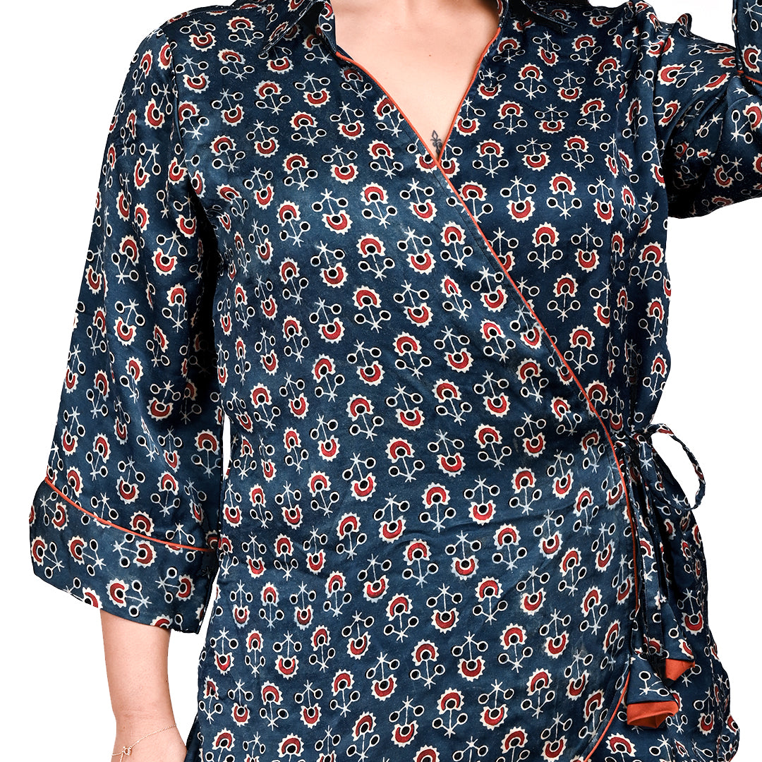 STYLOOO Navy Ethnic Print Wrap Top - Women's Tie-Side Tassel Top