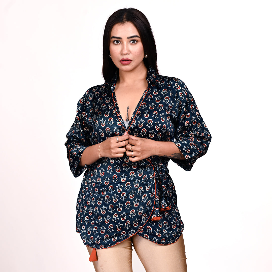 STYLOOO Navy Ethnic Print Wrap Top - Women's Tie-Side Tassel Top