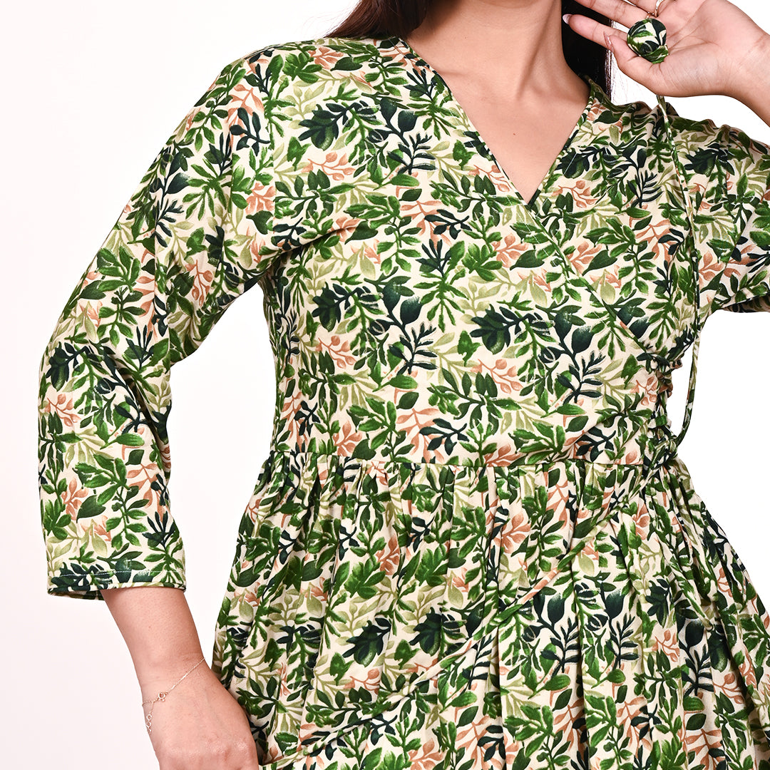 STYLOOO Green Botanical Print Short Kurti - Women's Casual Wrap Top with Adjustable Waist