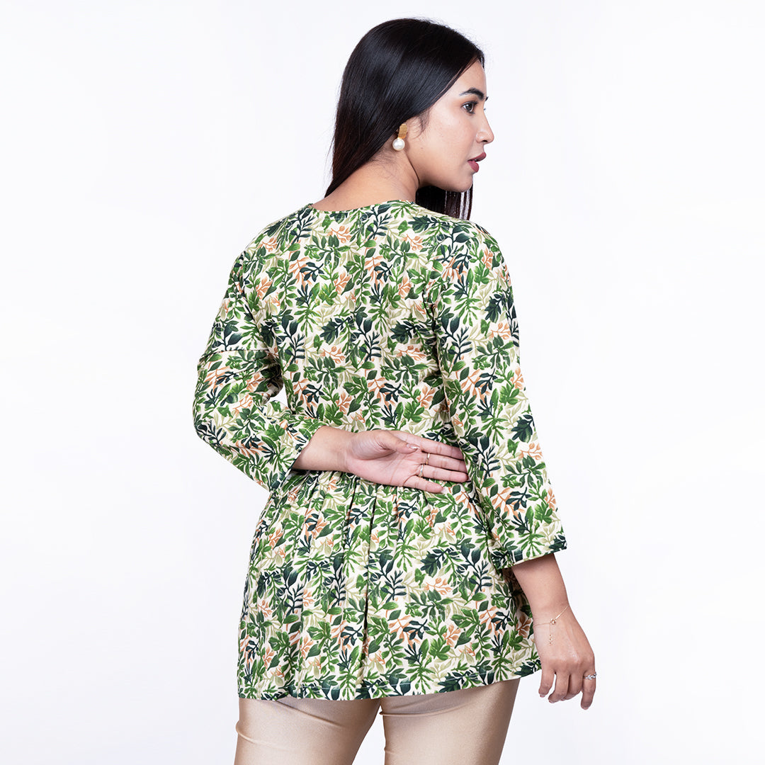 STYLOOO Green Botanical Print Short Kurti - Women's Casual Wrap Top with Adjustable Waist