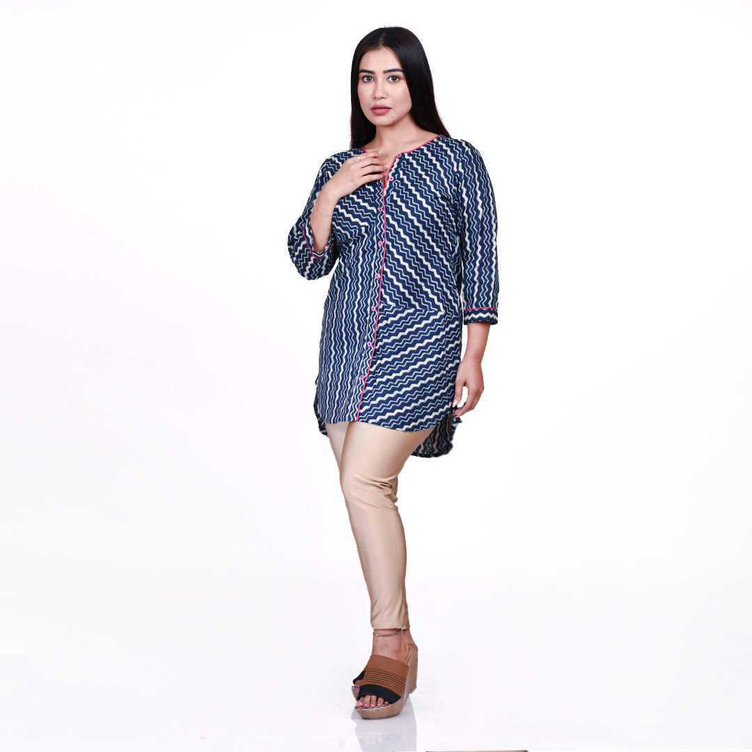 STYLOOO Blue & White Wave Print Short Kurti - Women's Contemporary Tunic Top