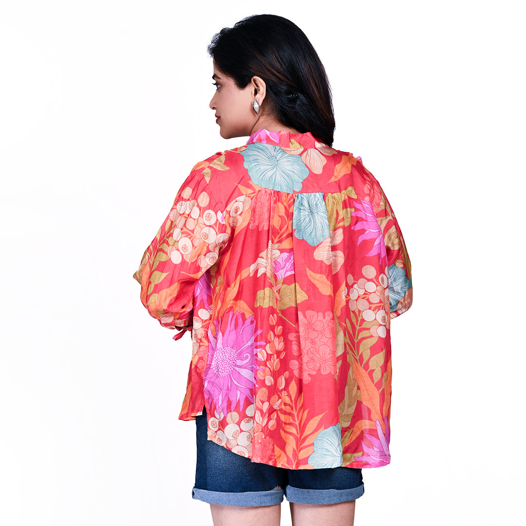 STYLOOO Pink & Orange Print Oversized Top - Women's Dolman Sleeve Tunic