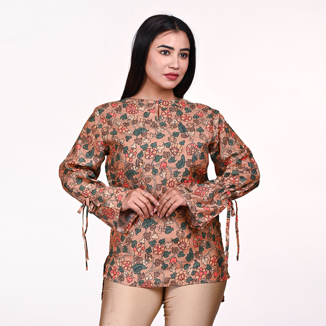 STYLOOO Women's Floral Tunic Top - Peach Long Bell Sleeve with Tie Detail