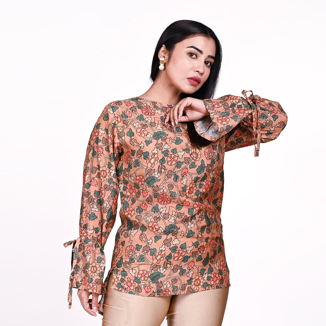 STYLOOO Women's Floral Tunic Top - Peach Long Bell Sleeve with Tie Detail