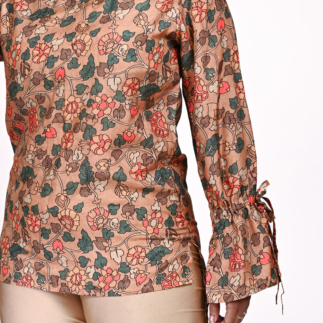 STYLOOO Women's Floral Tunic Top - Peach Long Bell Sleeve with Tie Detail
