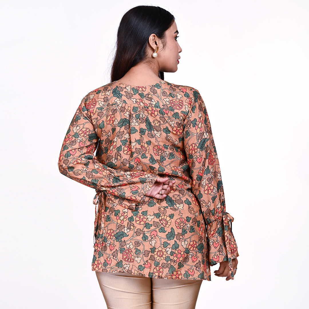 STYLOOO Women's Floral Tunic Top - Peach Long Bell Sleeve with Tie Detail