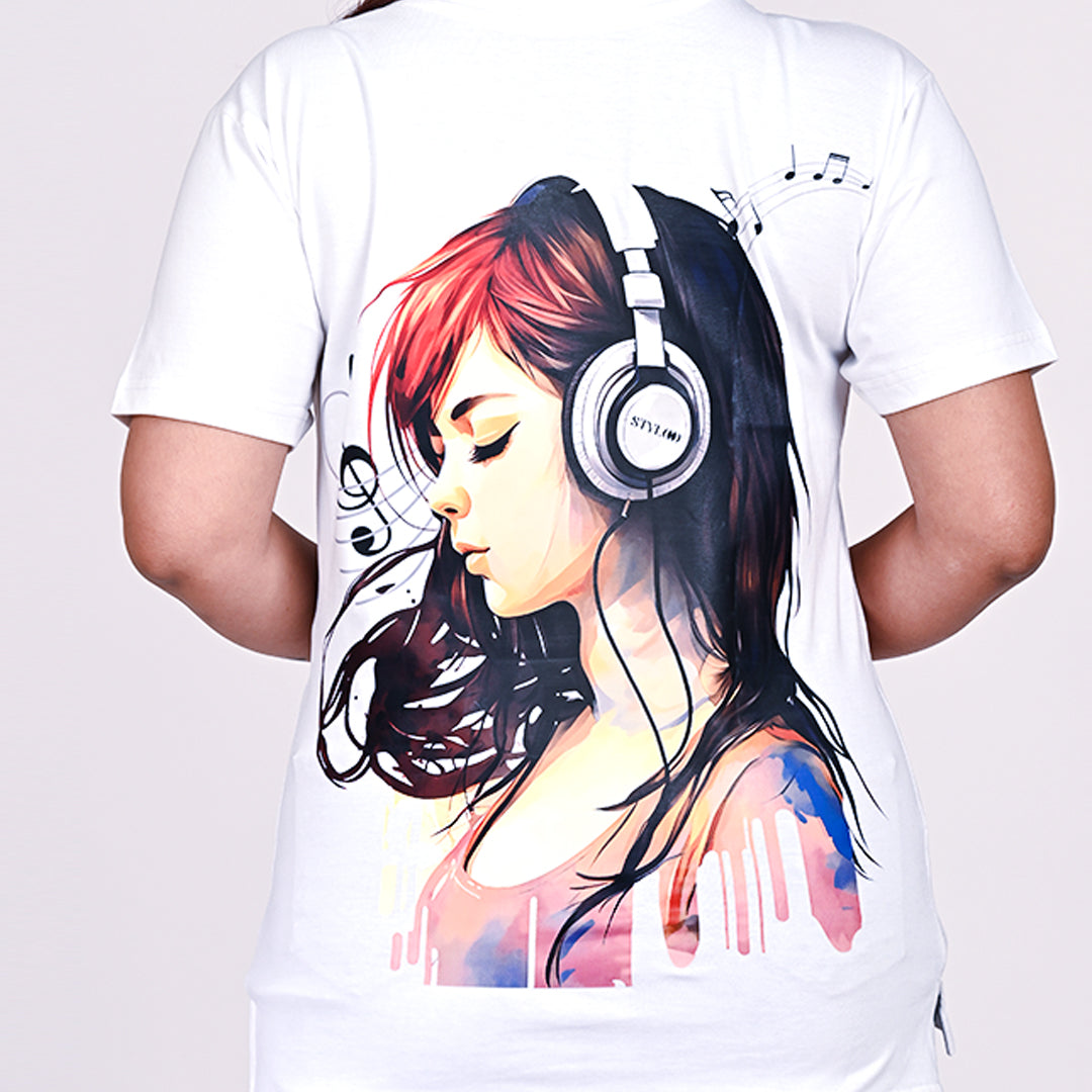 STYLOOO Women's White Headphone Graphic T-Shirt - Music Lover's Casual Tee