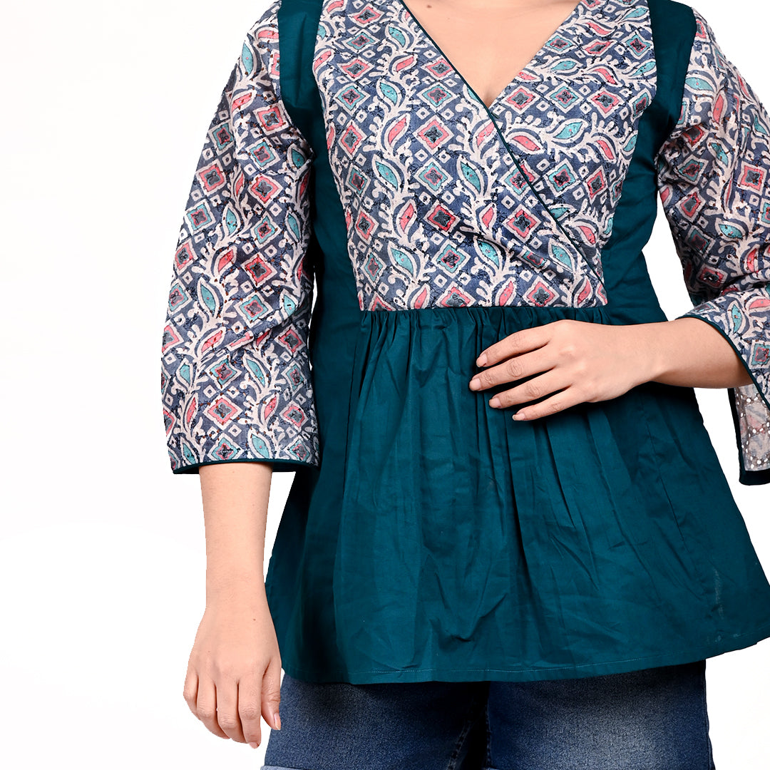 STYLOOO Women's Teal Angrakha Style Top - 3/4 Sleeve Printed Wrap Tunic