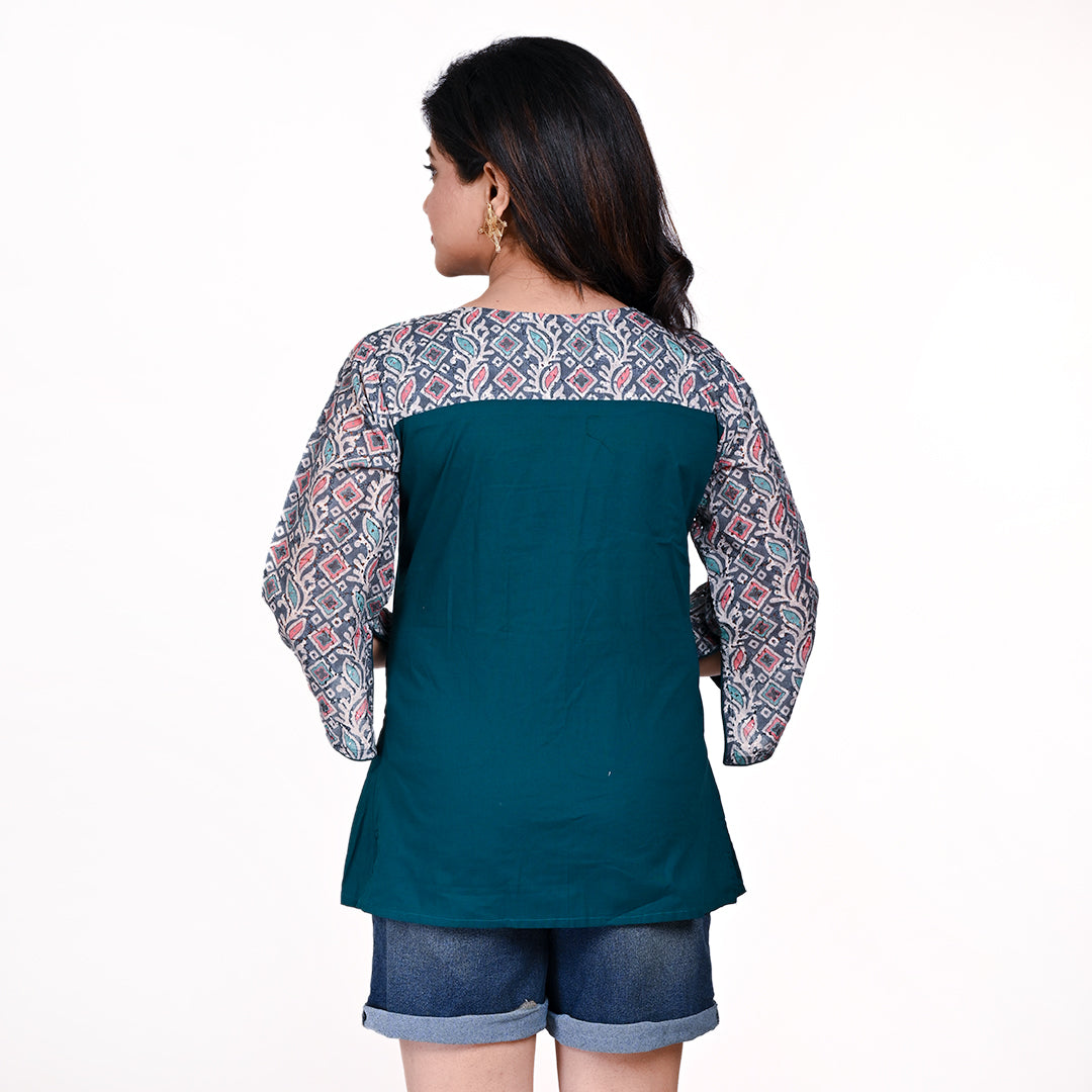 STYLOOO Women's Teal Angrakha Style Top - 3/4 Sleeve Printed Wrap Tunic