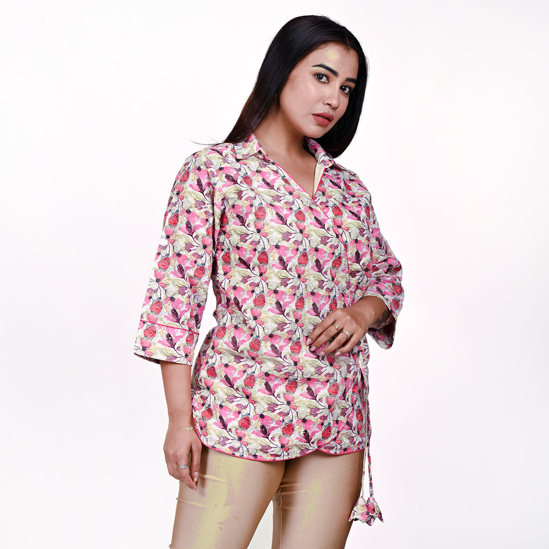 STYLOOO Women's Floral Wrap Top - Pink Printed Collared Top with Tie