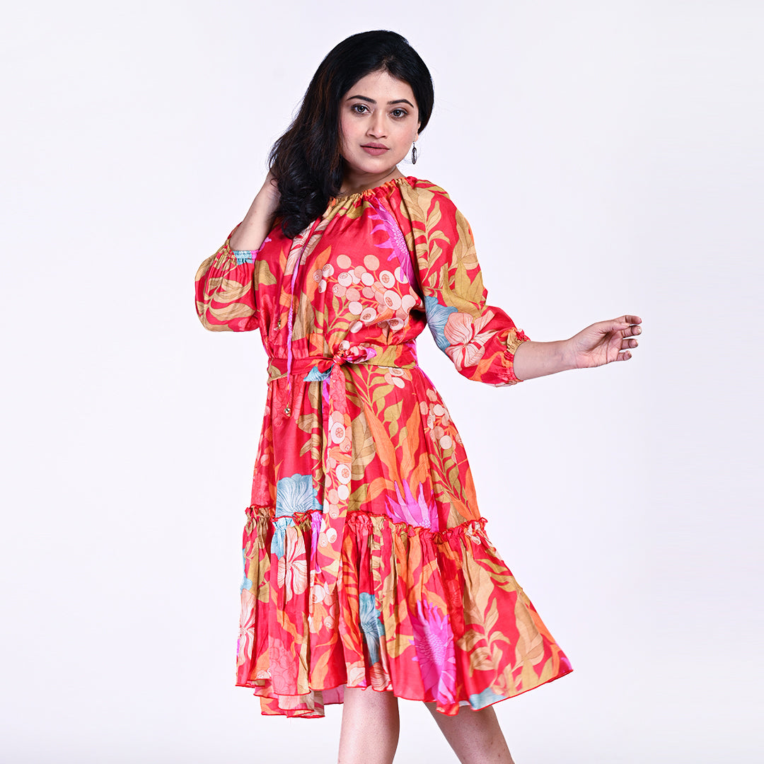 Women's Floral Printed Asymmetric Hem Dress โ Vibrant Red Boho Style | Casual Summer Midi Dress