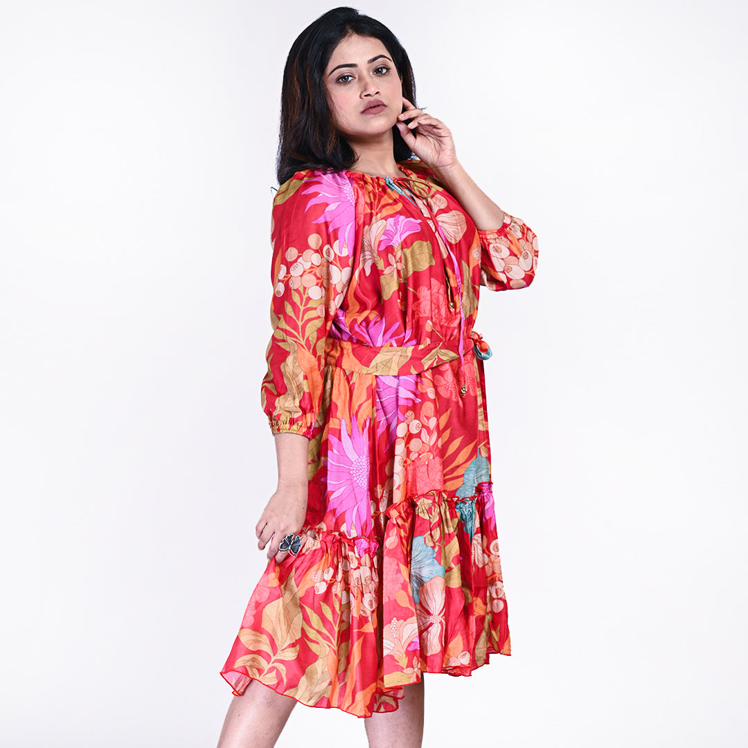 Women's Floral Printed Asymmetric Hem Dress โ Vibrant Red Boho Style | Casual Summer Midi Dress