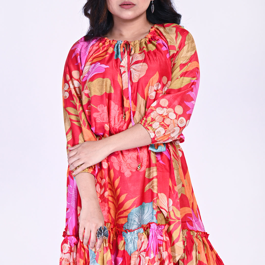 Women's Floral Printed Asymmetric Hem Dress โ Vibrant Red Boho Style | Casual Summer Midi Dress
