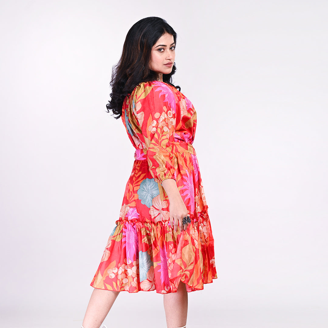 Women's Floral Printed Asymmetric Hem Dress โ Vibrant Red Boho Style | Casual Summer Midi Dress