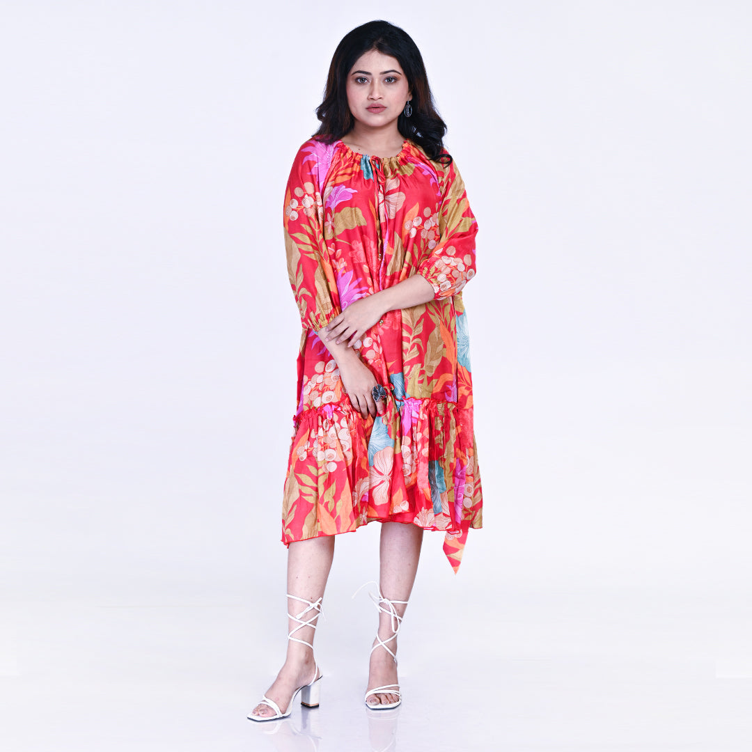 Women's Floral Printed Asymmetric Hem Dress โ Vibrant Red Boho Style | Casual Summer Midi Dress